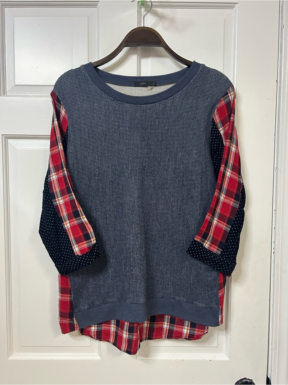 THML Blue Knit Pullover with Red Plaid & Navy Polka-Dot Sleeves